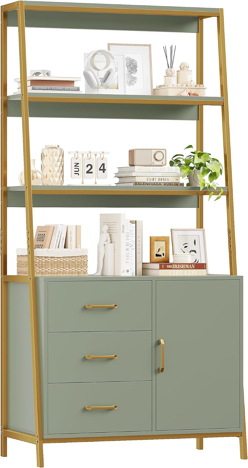 hithos green gold bookshelf, 69" h ladder book shown in use