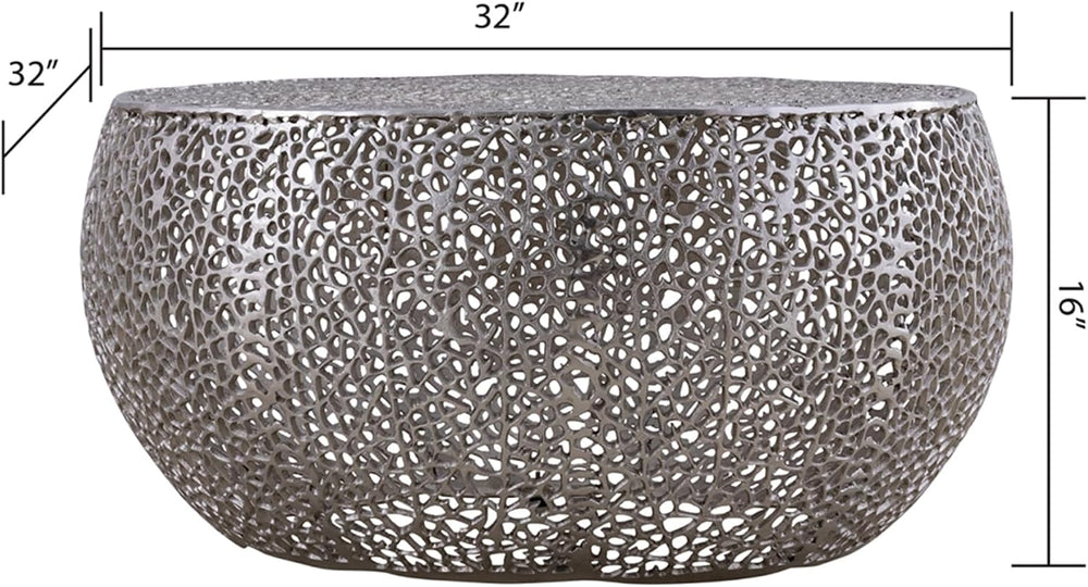 32" Silver Aluminum Drum Coffee Table with Open Mesh Design