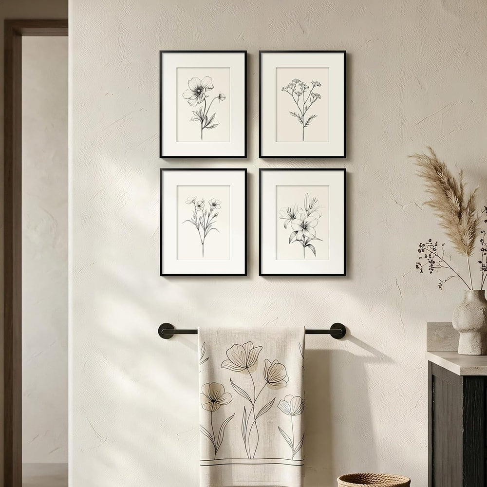 Framed Black and White Botanical Wall Art for Bathroom, 4 Piece 8x10 In