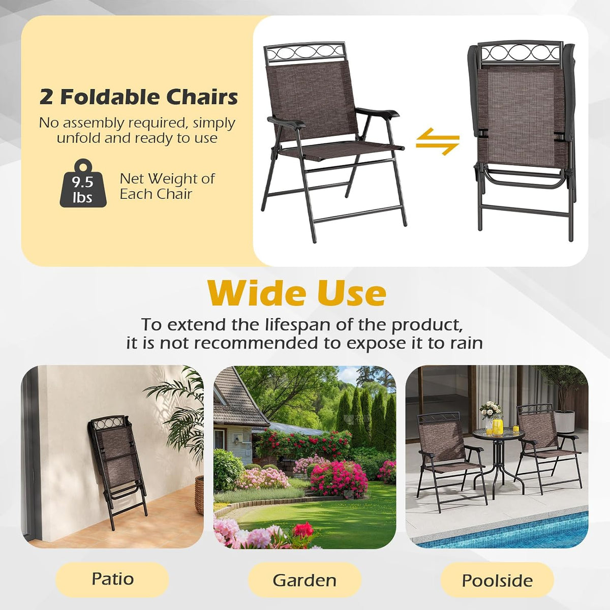 Goplus Bistro Table and Chairs Set of 2, Outdoor 3 Piece Patio Bistro Set with 1.57” Umbrella Hole, Tempered Glass Tabletop, 2 Folding Chairs, Small Patio Furniture Dining Set for Garden, Balcony
