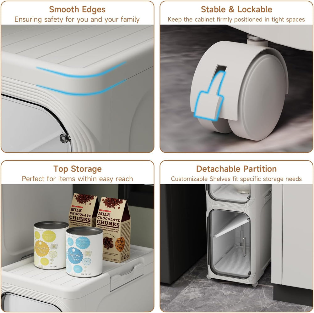 Narrow Bathroom Storage Cabinet, Adjustable Shelf Foldable Wheeled White 3T