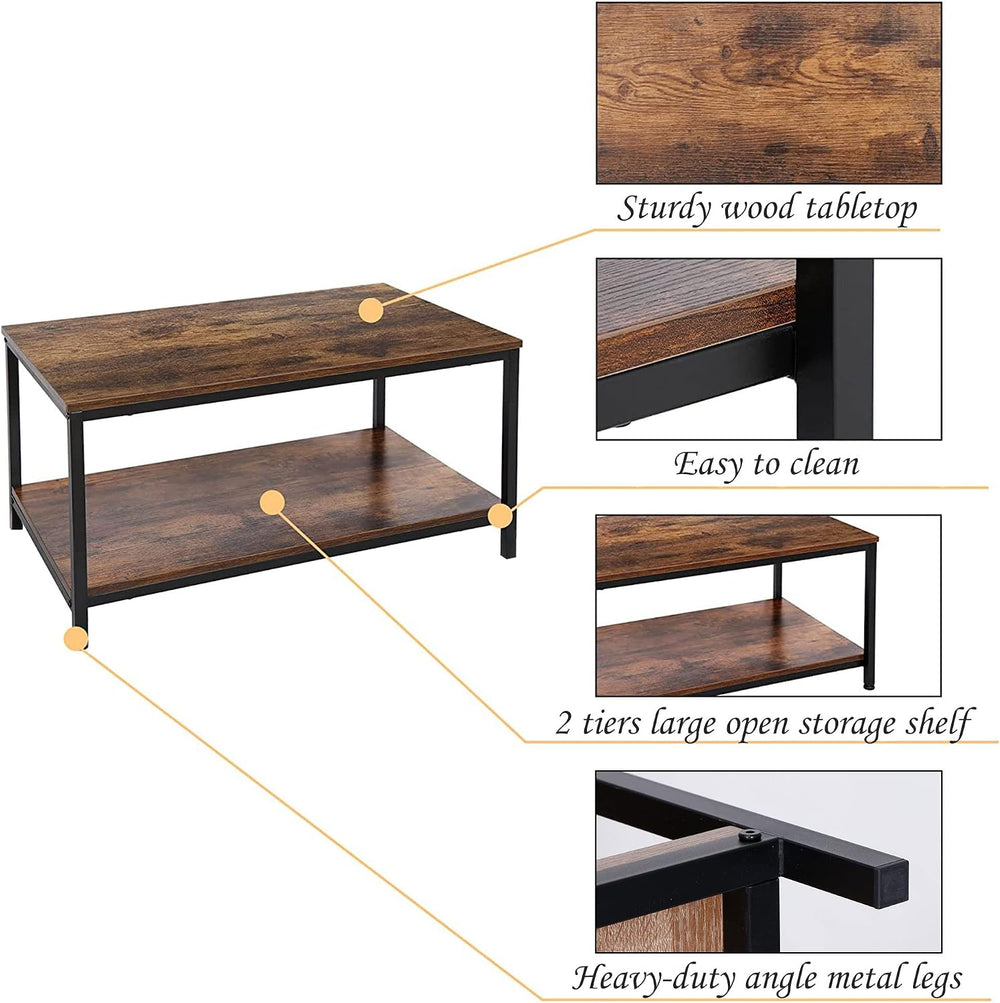 SUPER DEAL 2-Tier Industrial Coffee Table with Storage Shelf for Small Apartm...