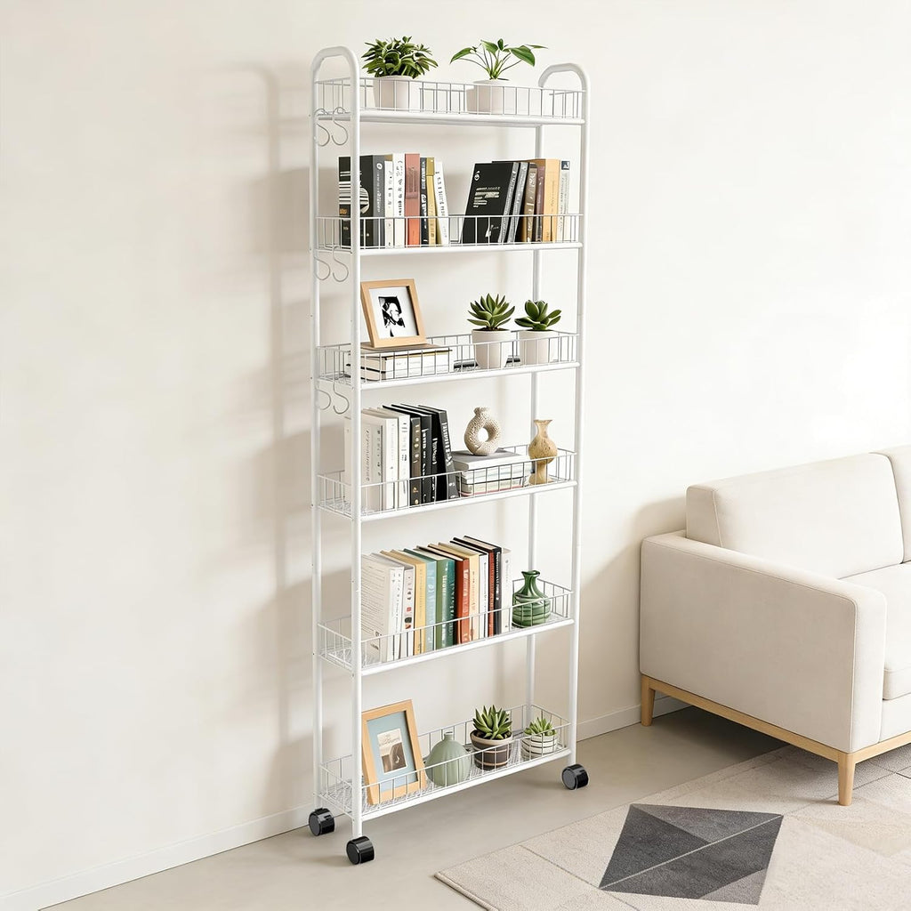 6in 6 Tier Slim Rolling Storage Cart with Wheels, White