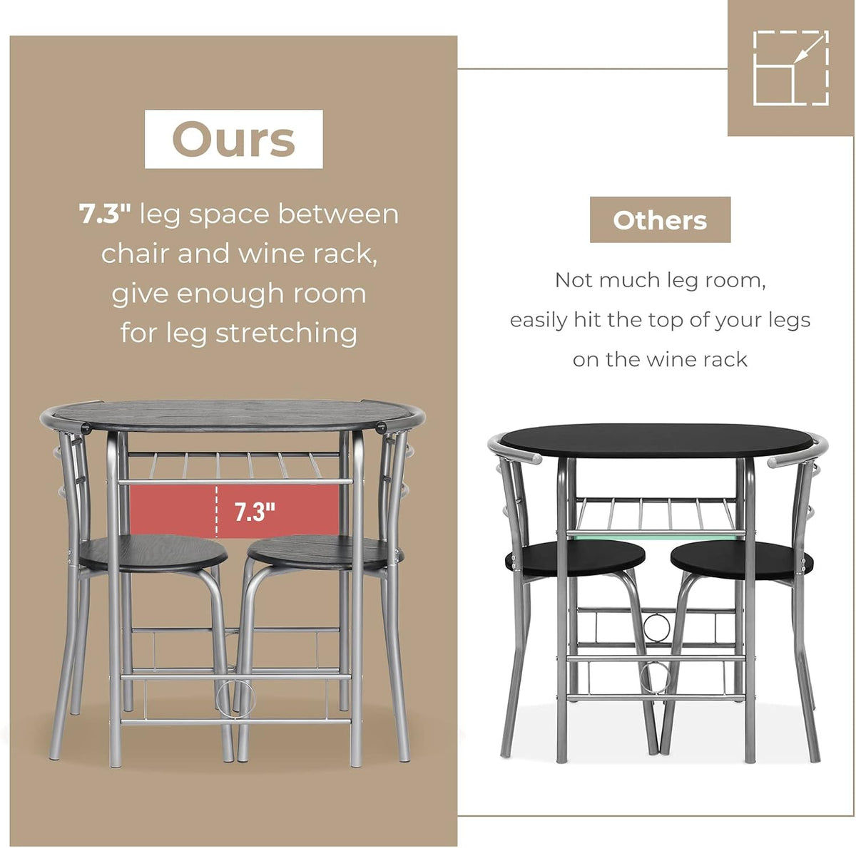 vingli 3 piece dining set,small kitchen table set, side view