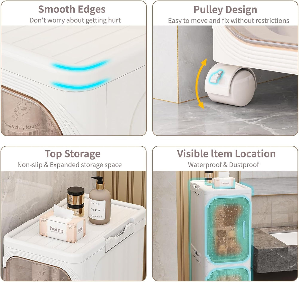 5 Tier Slim Bathroom Storage Cabinet, Foldable and Movable, Beige