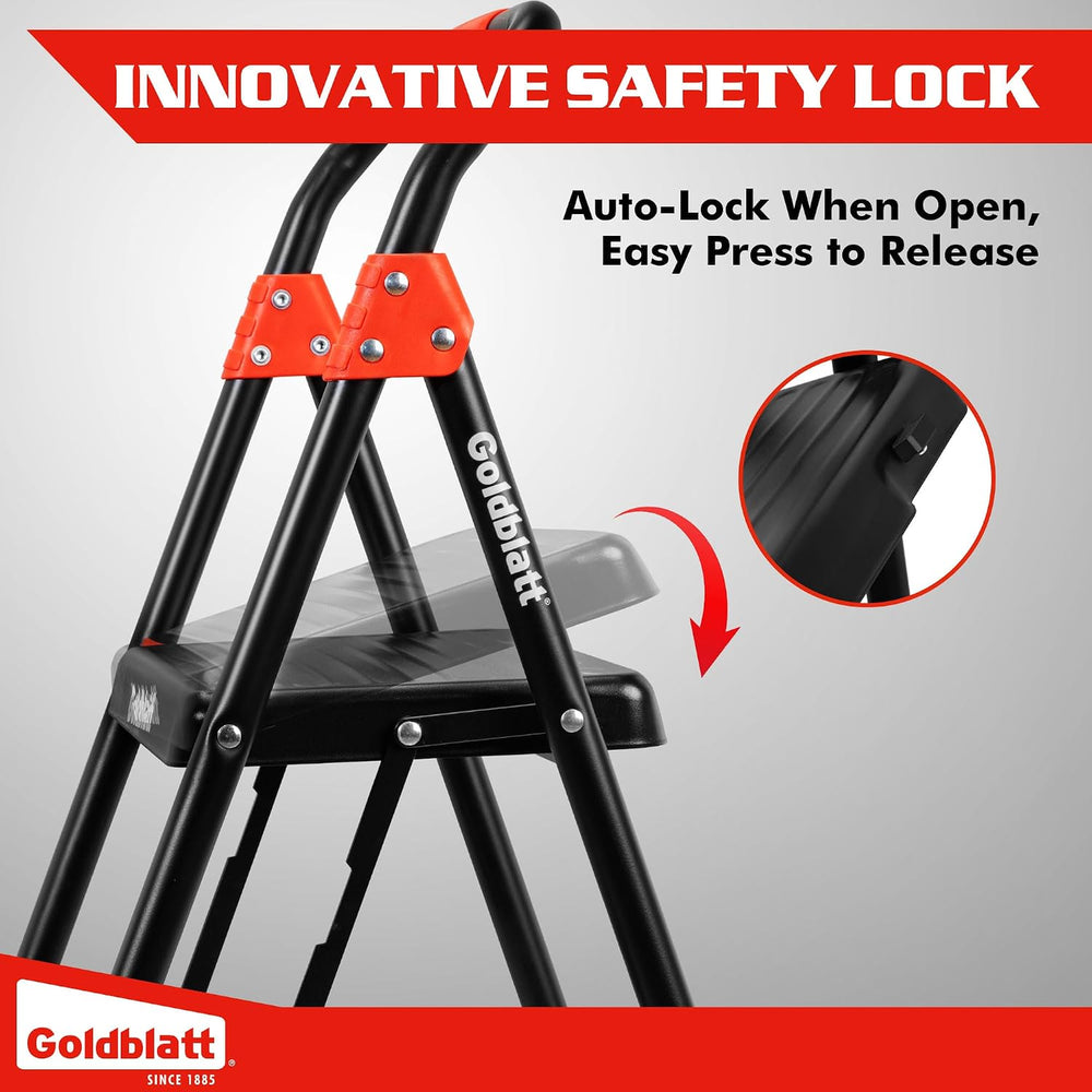 Goldblatt 2-Step Folding Step Stool Heavy Duty Steel Ladder, Auto-Lock Safety...