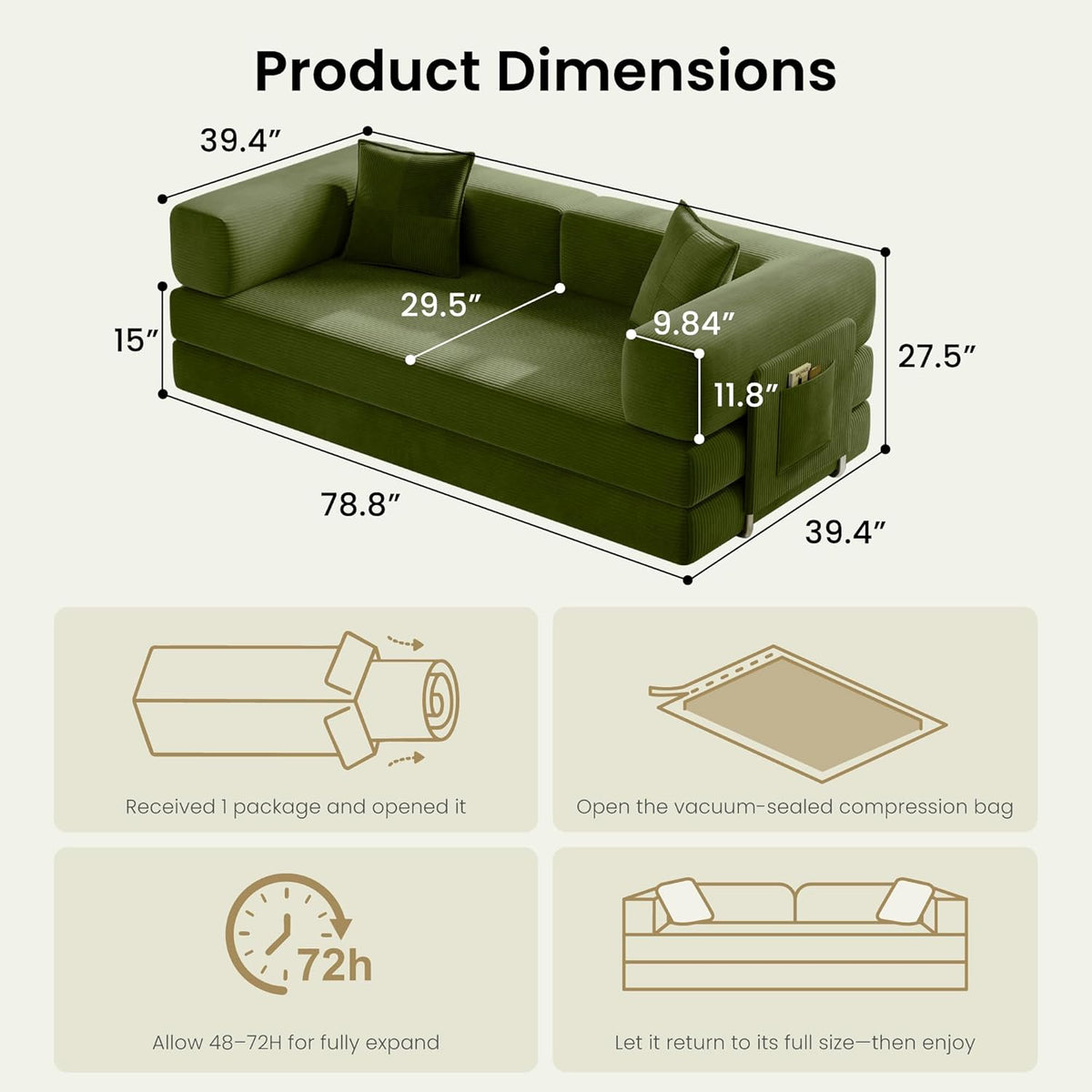 78.8" Convertible Sofa Bed,Corduroy Futon Couch with Storage Pocket,Folding Pull Out Futon Sofa,No Assembly Couch for Living Room,Green