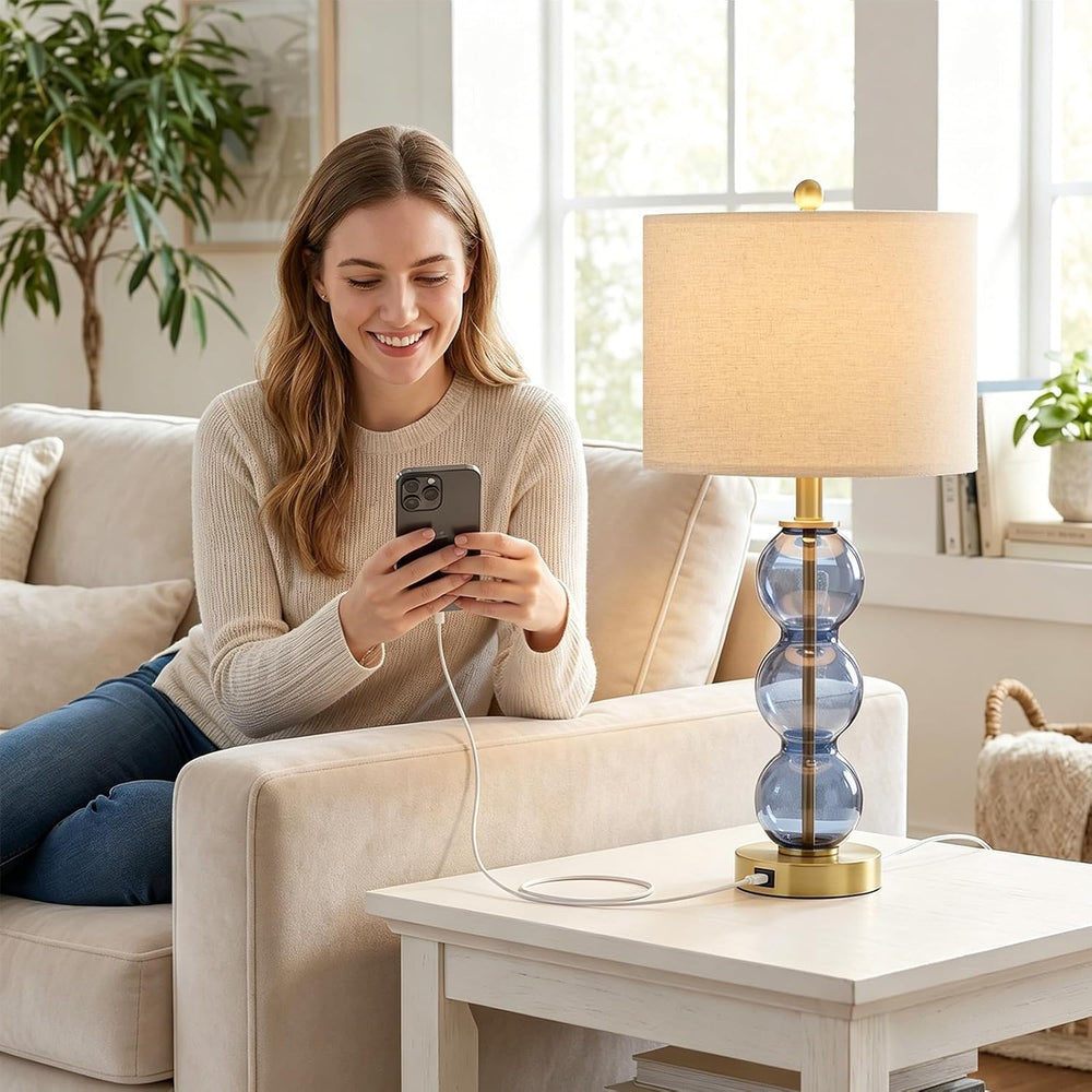Oneach 25" Blue Table Lamps for Living Room, Glass Modern Table Lamp Set...