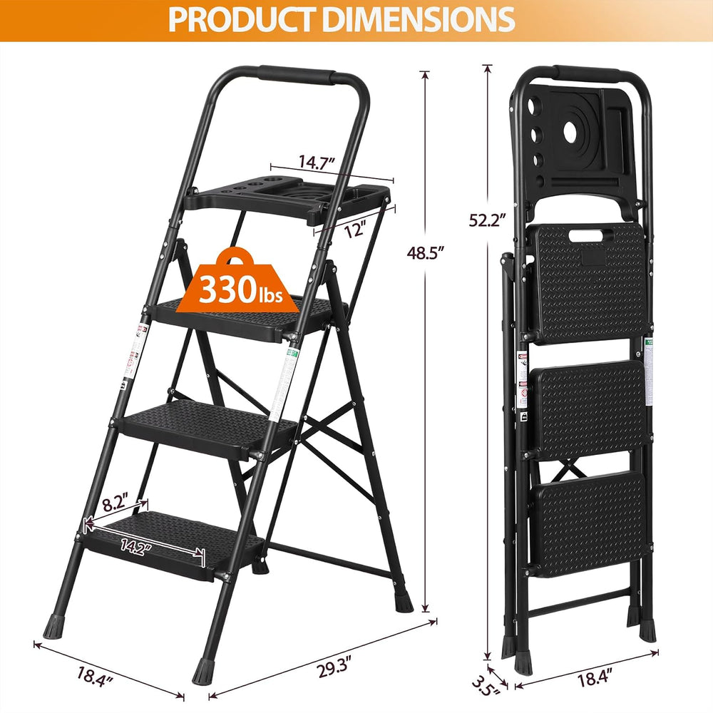 ZENY 3 Step Ladder, Folding Step Stool for Adults, Portable Steel Ladder with...