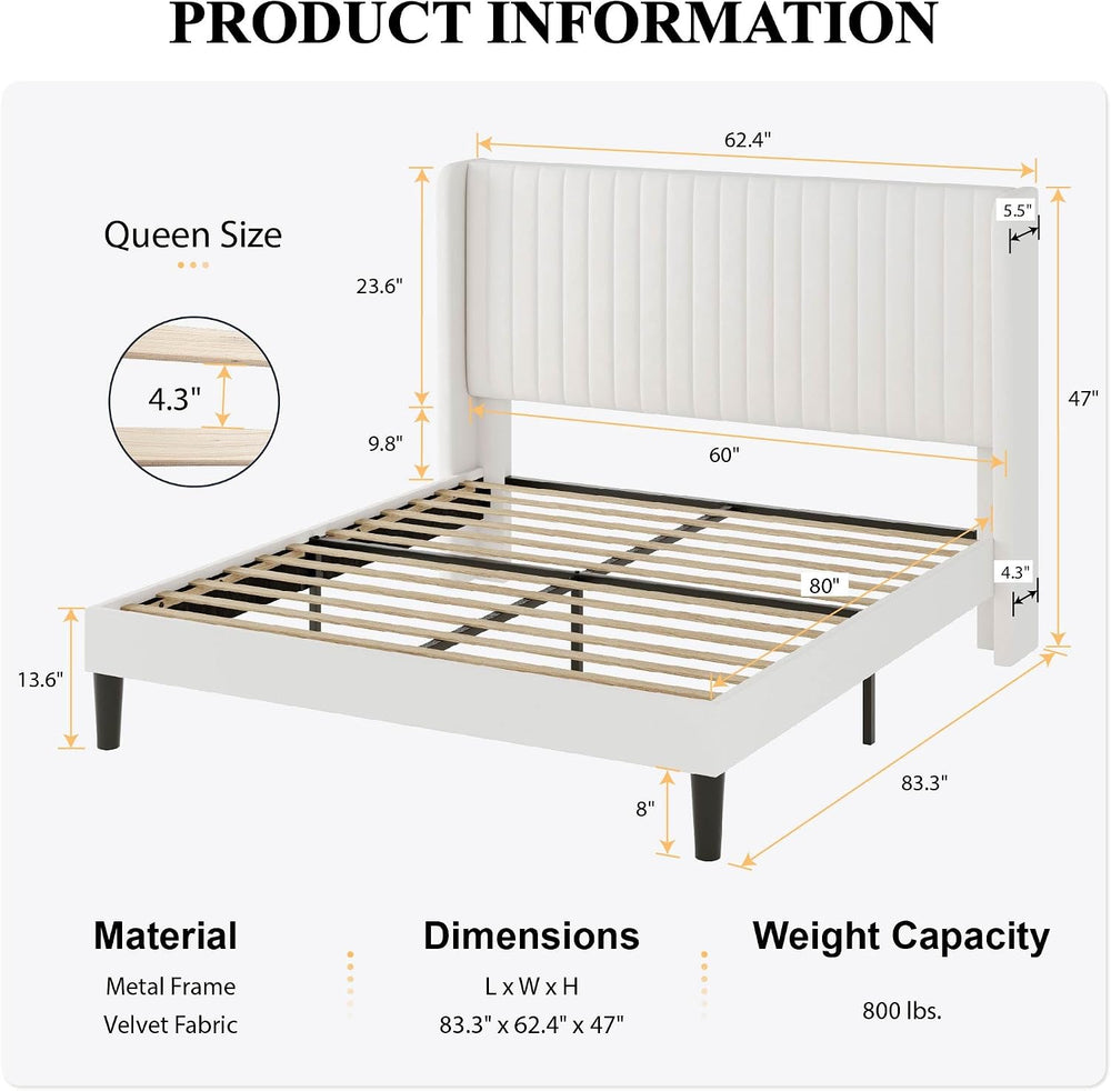 SHA CERLIN Queen Size Velvet Bed Frame, Tufted Wingback Headboard, White