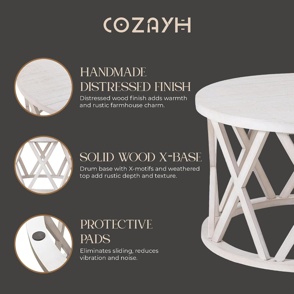 COZAYH Farmhouse Coffee Table, Rustic Round Coffee Table with X-Motifs Legs, ...