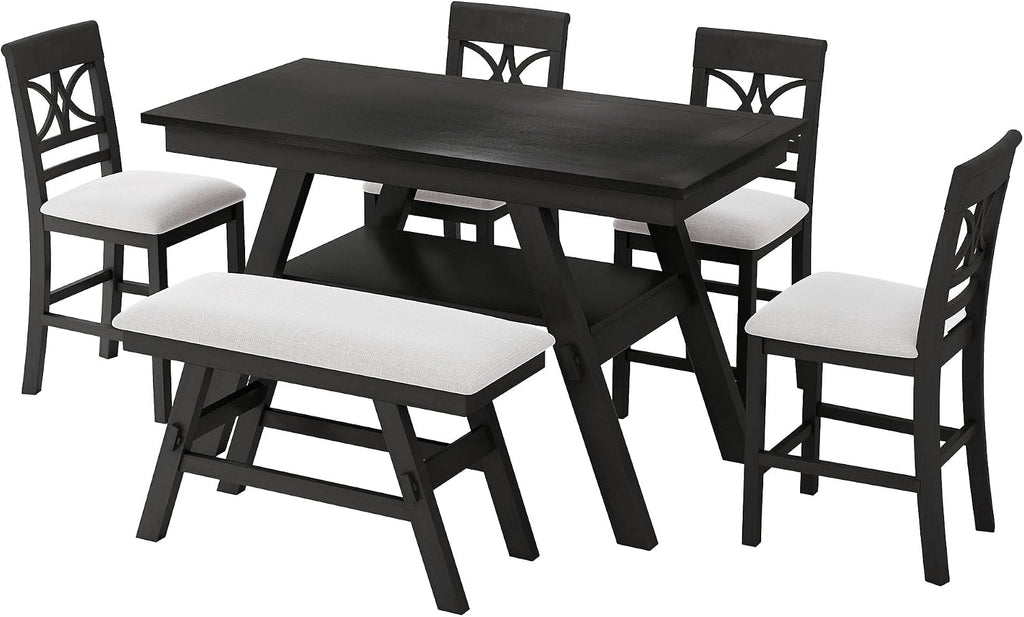 Merax 6-Piece Wood Counter Height Dining Table Set with Storage Shelf, Rustic Dining Table Set with Upholstered Chairs and Bench for 4-6, Espresso+Beige