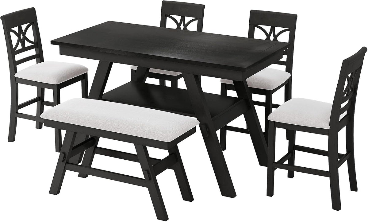 Merax 6-Piece Wood Counter Height Dining Table Set with Storage Shelf, Rustic Dining Table Set with Upholstered Chairs and Bench for 4-6, Espresso+Beige