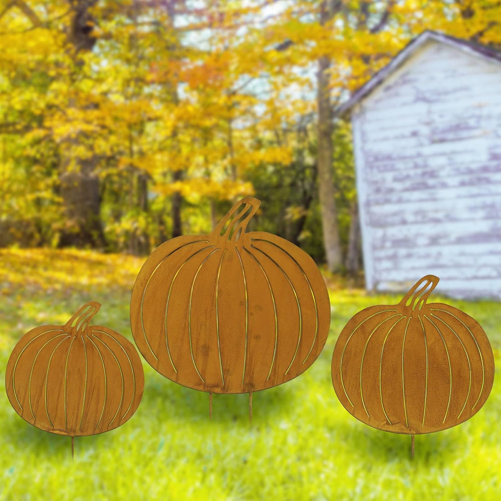 GlikCeil 3 Pcs Fall Decor Outdoor Rustic Pumpkin Stakes, Fall, Rustic