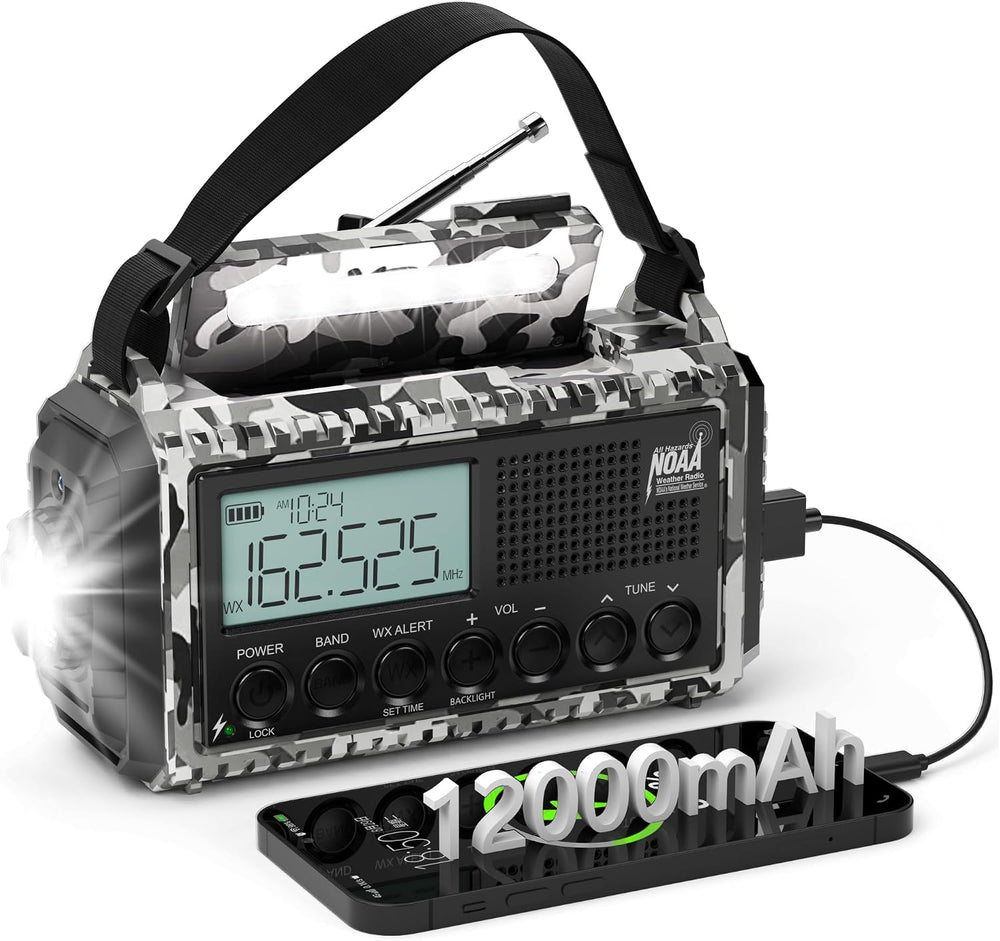 NOAA Emergency Weather Radio with Auto Alert, Solar Hand Crank, 12000mAh