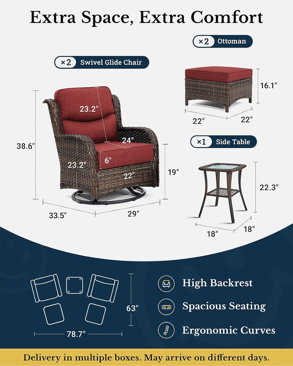 HILLGA 5-Piece Luxury Patio Furniture Set with 6" Thick Cushions, Weathe...