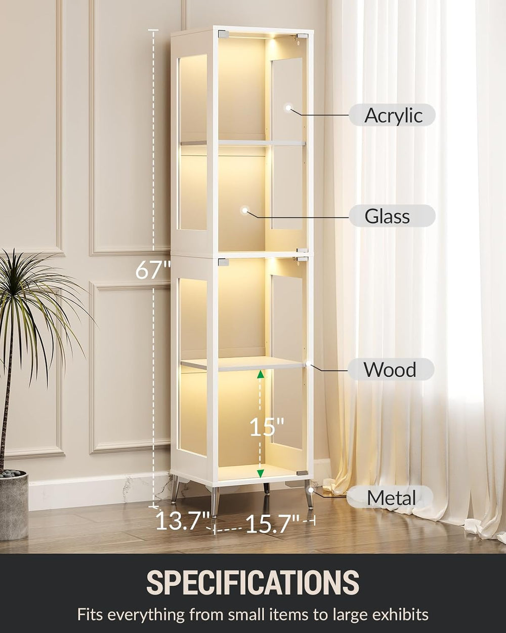 Glass Display Cabinet, 4-Tier Curio Cabinet, Adjustable Shelves, 60,000 Color...