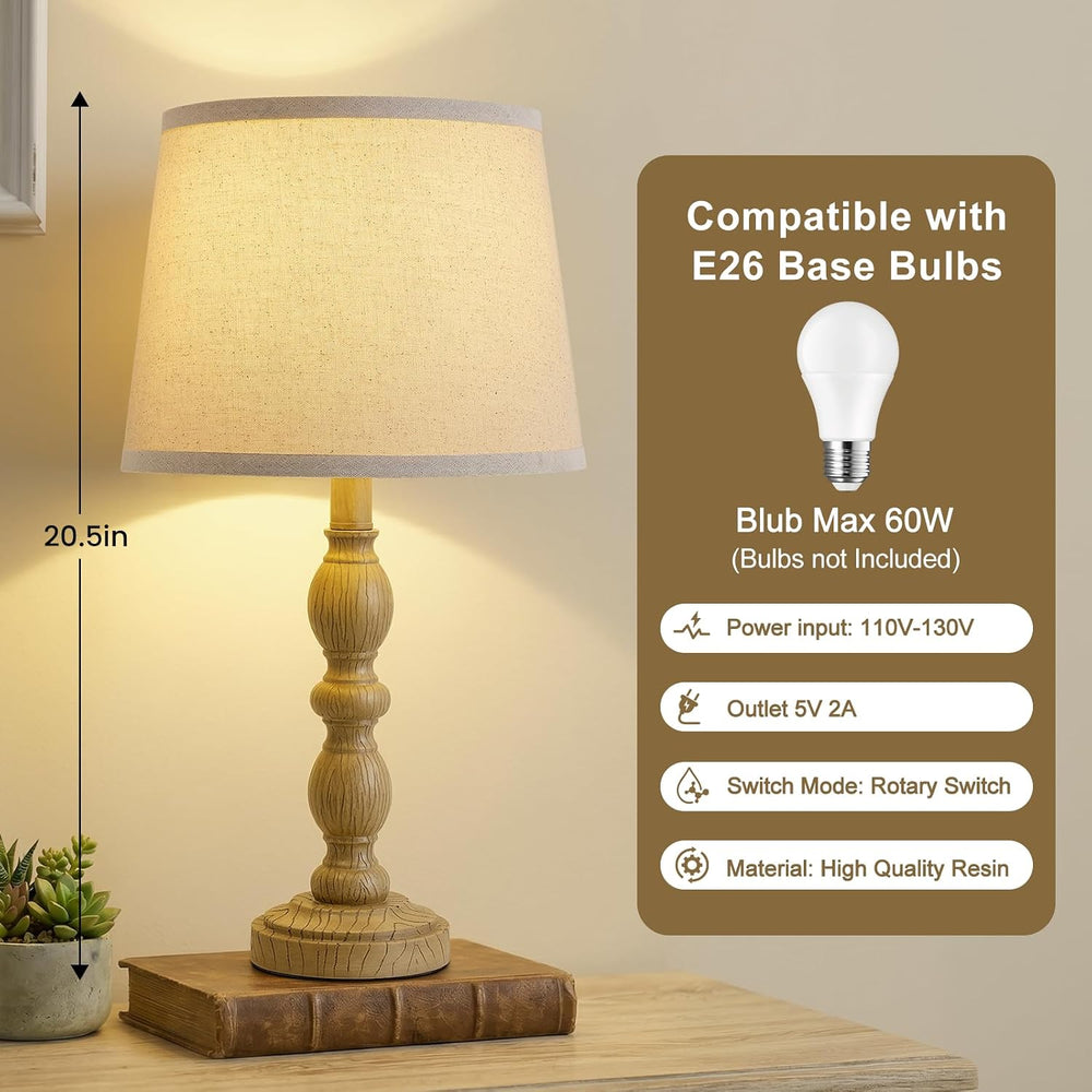 Table Lamps Set of 2, 20.5" Rustic Farmhouse Bedside Lamps with Linen Shade