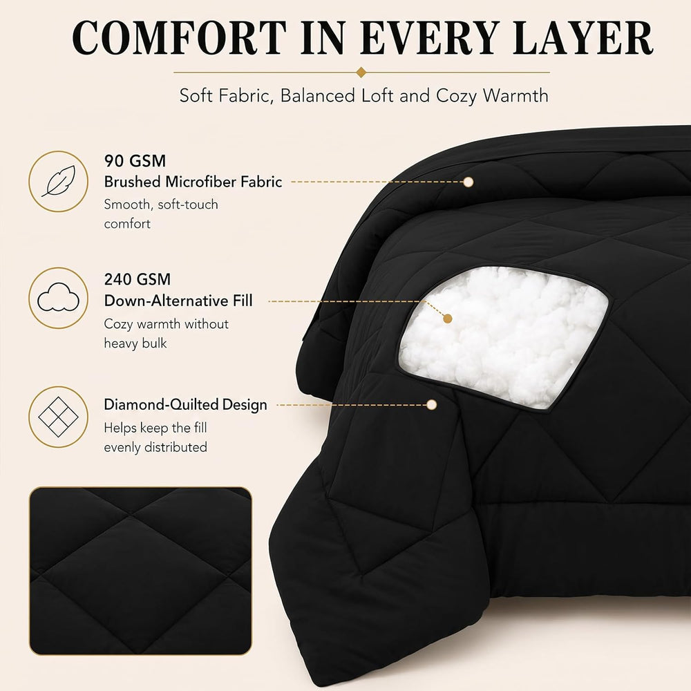CozyLux Queen Comforter Set 88"x88" Black - 7 Piece Bed in a Bag