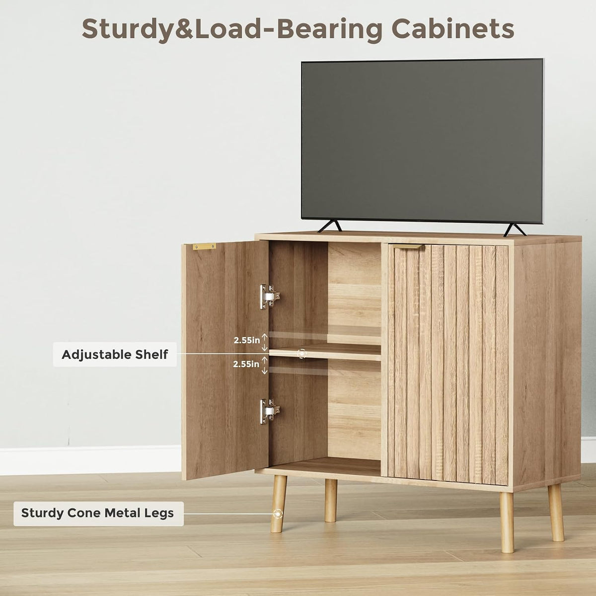Vrullu Fluted Storage Cabinet, Free Standing Buffet, Wood Sideboard, Multifunctional Accent Storage for Living Room, Hallway, Entryway, Dining Room (1, Oak)