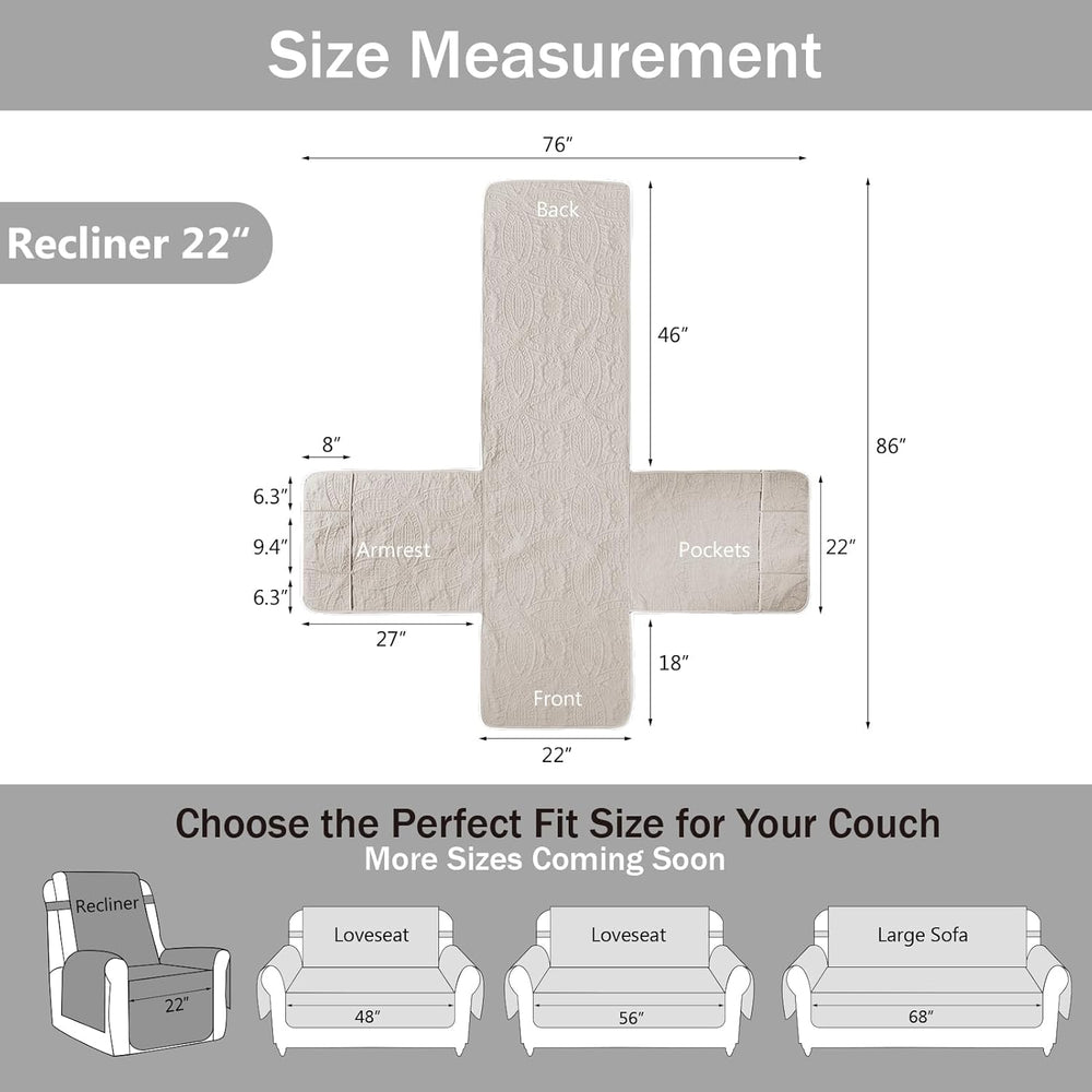 Beige Quilted Recliner Chair Covers, Water-Repellent Recliner Slipcovers, Laz...