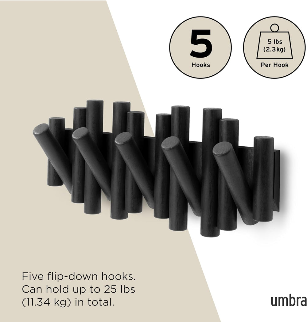 Umbra Picket Wall-Mounted Coat Rack Rail Hook with 5 Retractable Wood Pegs – ...