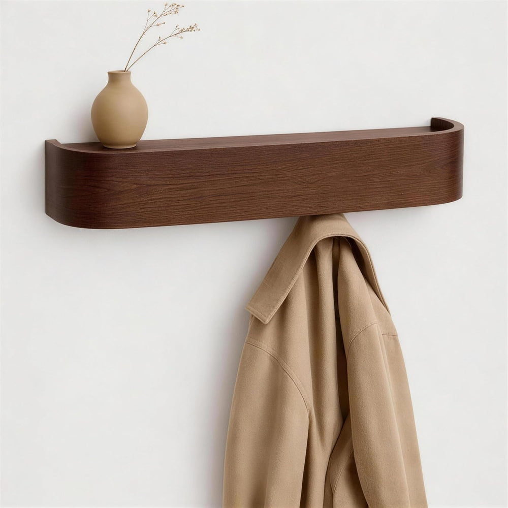 MTZ Solid Wood Wall Mounted Coat Rack with Shelf & 5 Hidden Hooks (Walnut)