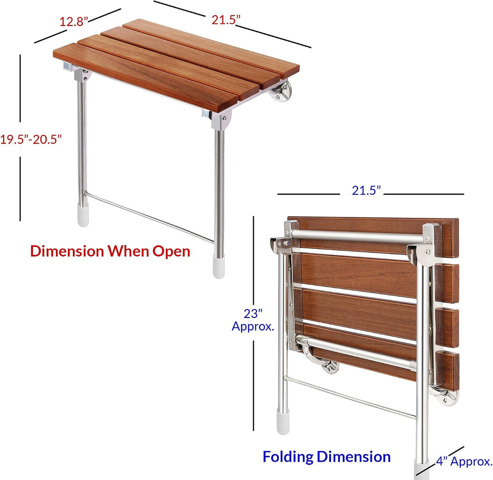 Foldable 21.5" Teak Wood Shower Seat Bench with Supporting Legs, 400lb C...