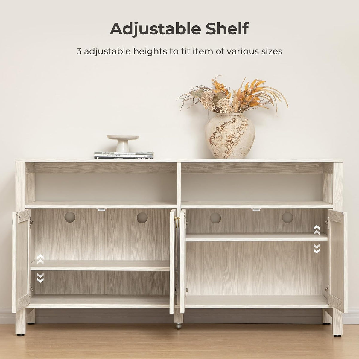 SICOTAS White Rattan TV Stand Entertainment Center Cabinet with 4 Doors