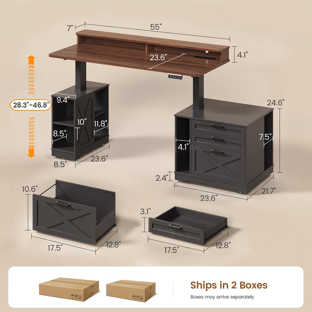 SEDETA Farmhouse Electric Standing Desk with 3 Drawers and File Cabinet