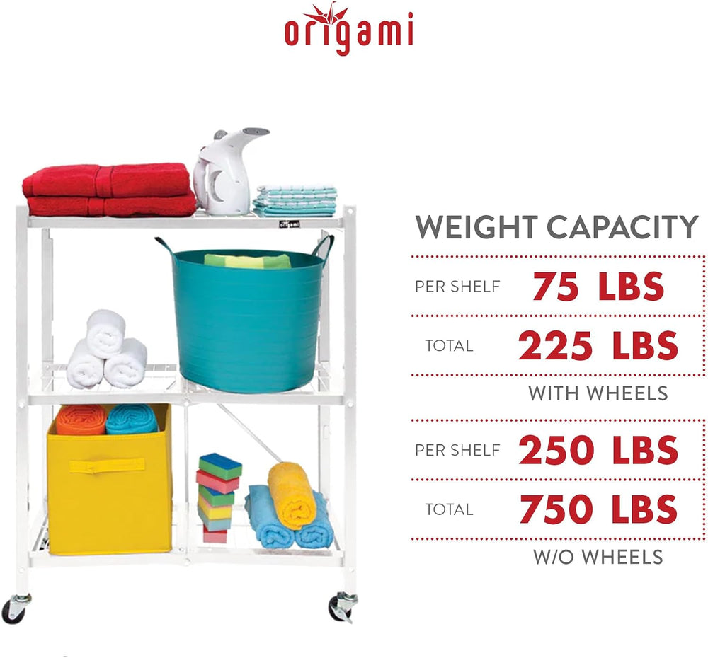 Origami 3-Tier Foldable Storage Shelves, Heavy Duty Shelf Rack Unit with Whee...