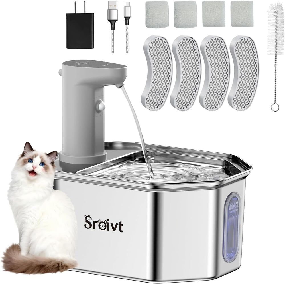 Cat Water Fountain Stainless Steel,Wireless,Battery Operated,2.6L,4Filters