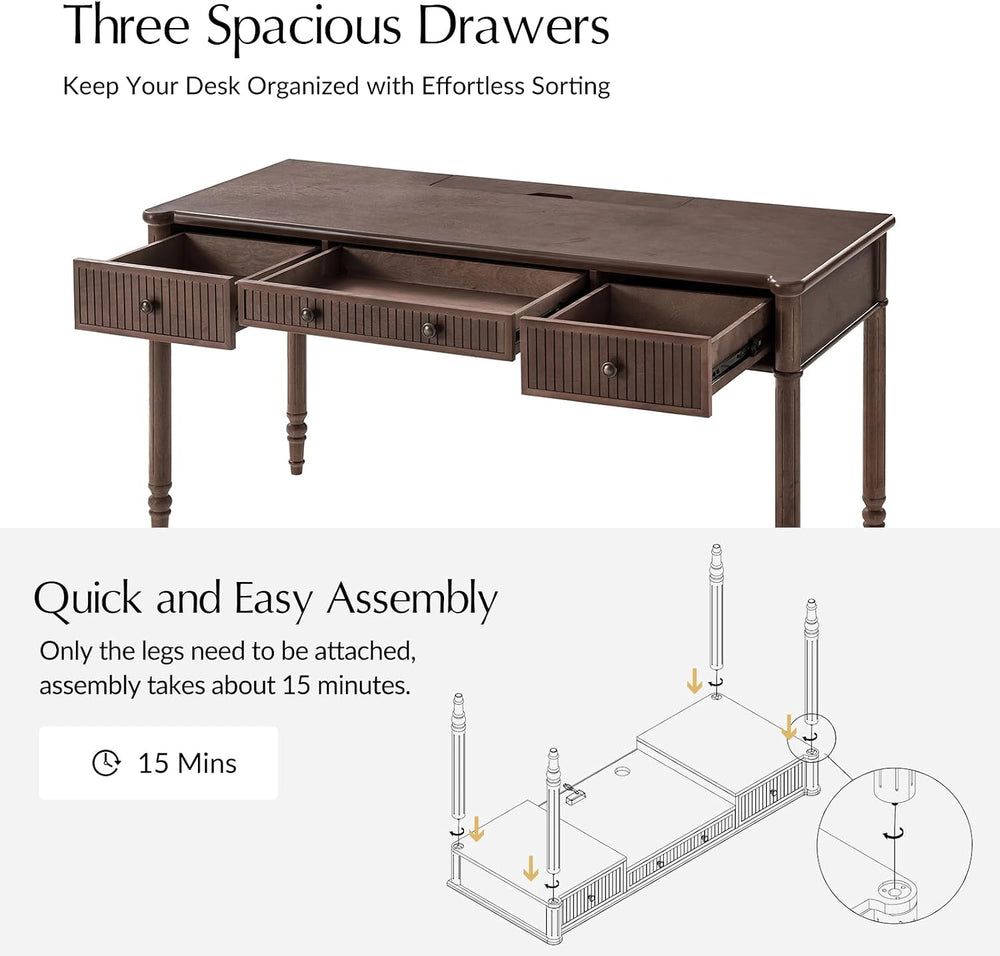 HULALA HOME 60 Inches Fluted Writing Desk with Charging Station, Walnut