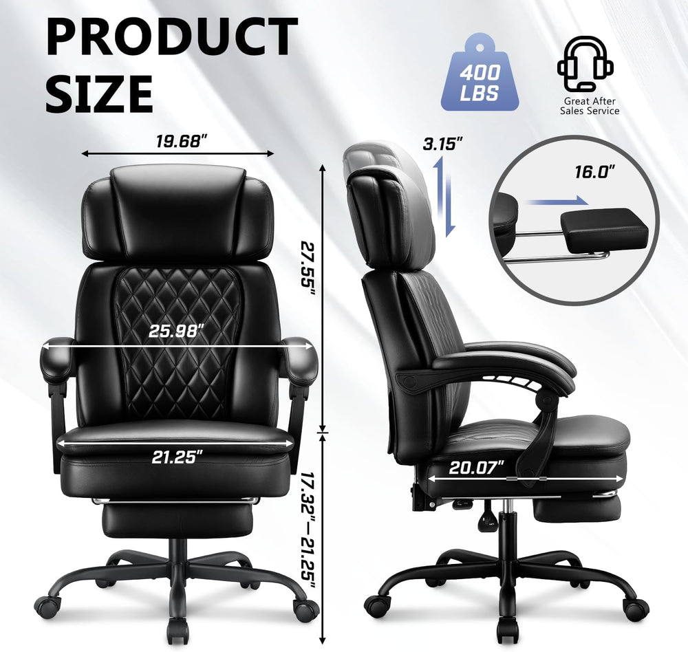 400lbs Executive Office Chair with Foot Rest for Heavy People, Ergonomic Big ...