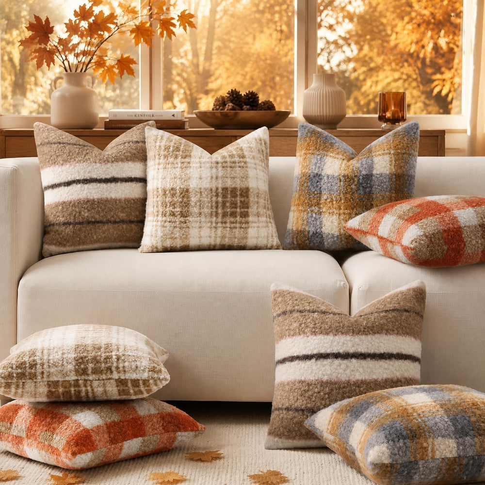decorUhome Faux Fur Plaid Throw Pillow Covers 24X24 Set of 2 Red
