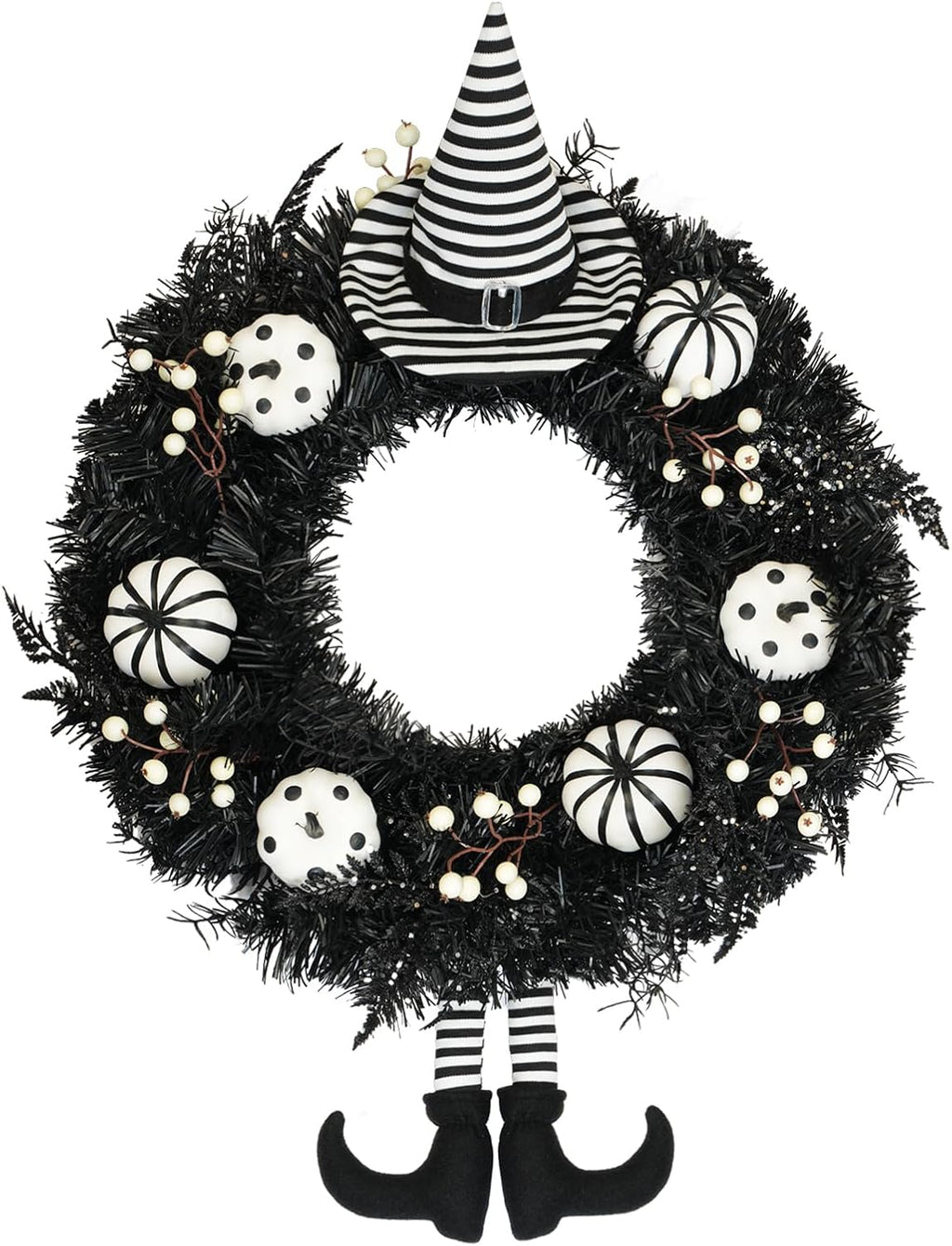 26" Halloween Wreath for Front Door with Hat, Legs, Pumpkins