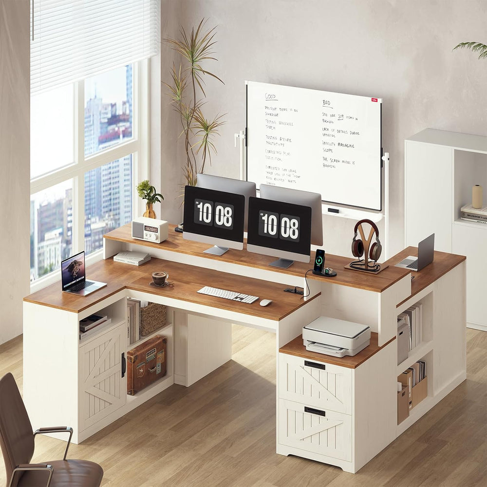63" Farmhouse L Shaped Desk with Drawers and Printer Stand for Home Office