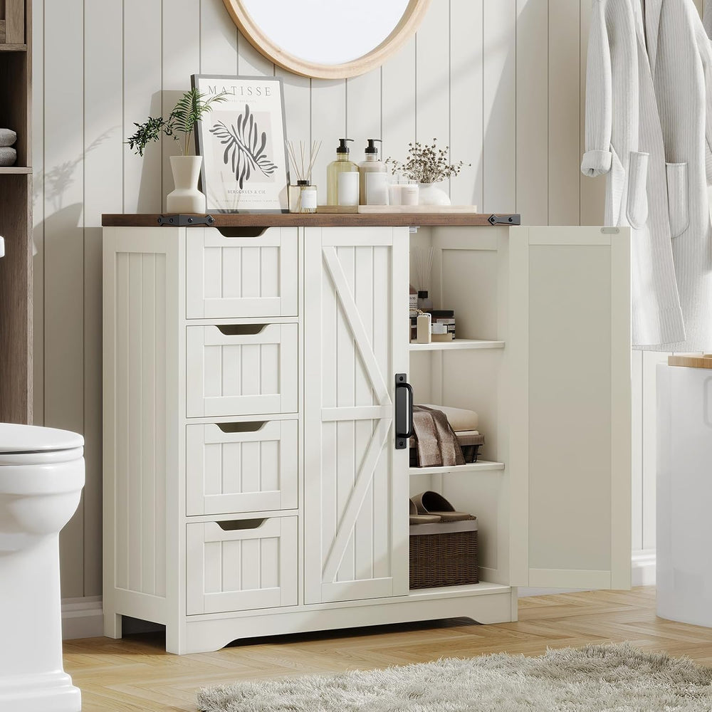 Vabches Farmhouse Bathroom Cabinet, Freestanding Storage Cabinet with 4 Drawe...
