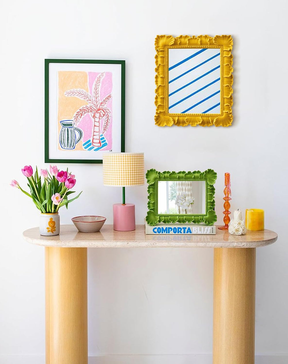Mirror Wall Decor with Resin Frame for Room Makeover,Yellow-Orange