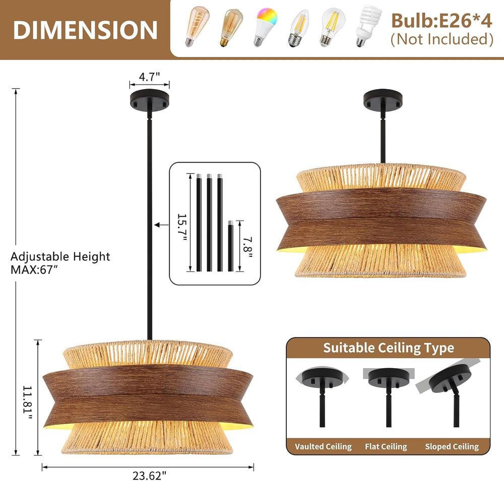 23.6" Rattan Chandelier with Wood Texture for Dining Room