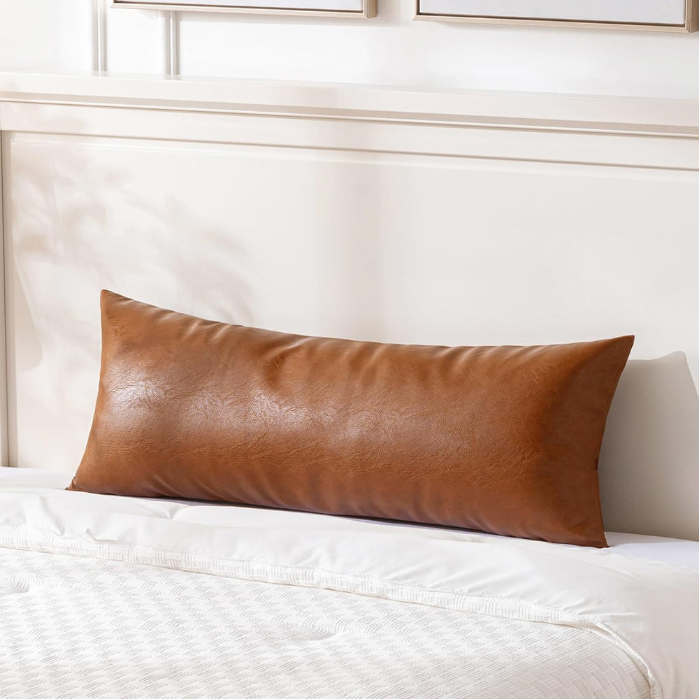 Fancy Homi Brown Boho Long Lumbar Faux Leather Body Decorative Throw Pillow C...