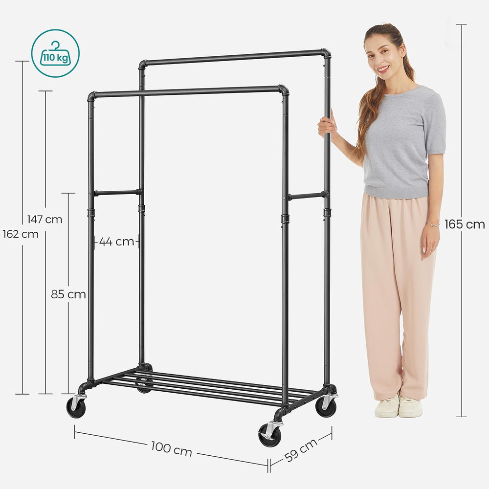 SONGMICS Heavy-Duty Clothes Rack, Double-Rod, Metal Frame on Wheels