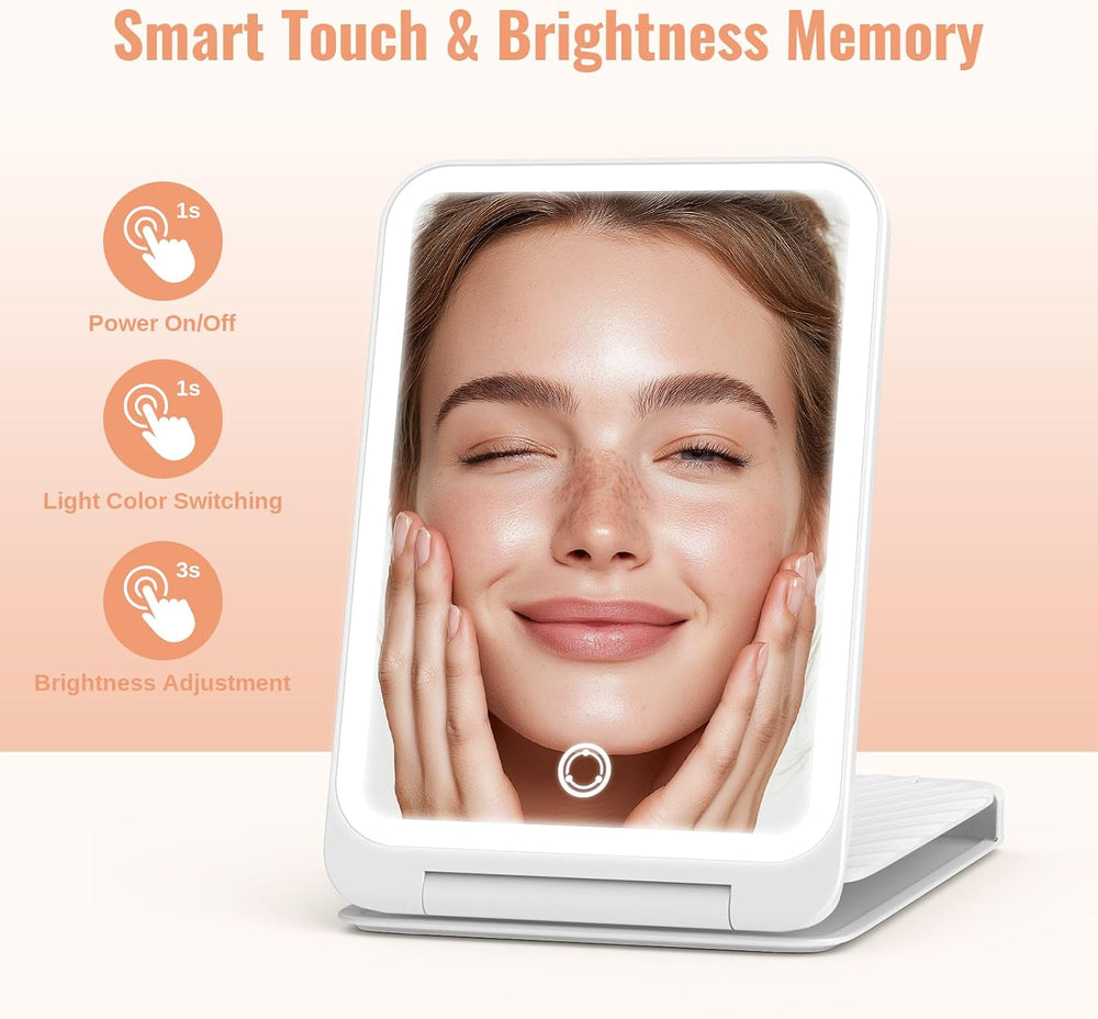 Travel Makeup Mirror with Lights, Rechargeable, 1X/3X Magnification, White