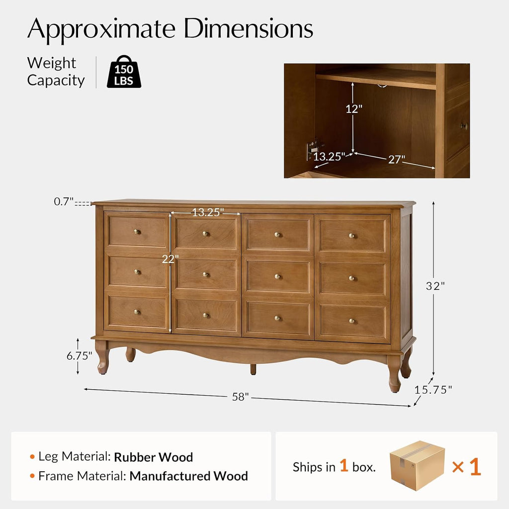 HULALA HOME Transitional Solid Wood Sideboard with Adjustable Shelves, 58" Spacious Storage Sideboard, Versatile Kitchen Buffet Cabinet with Solid Wood Legs, Acorn