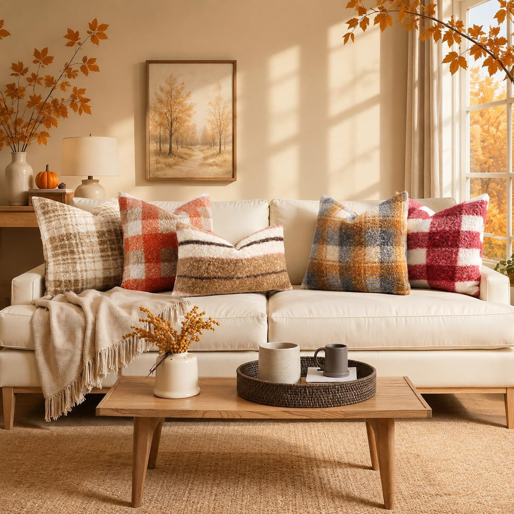 decorUhome Faux Fur Plaid Throw Pillow Covers 24X24 Set of 2 Red