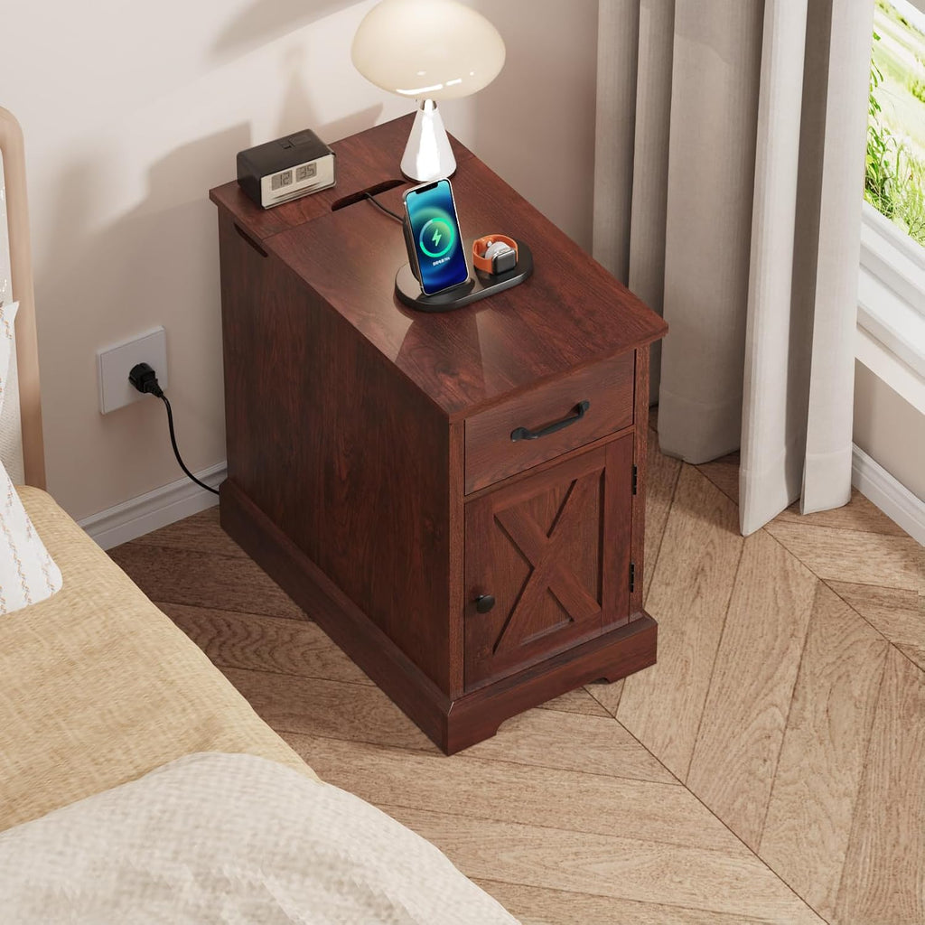 HOMMPA 23.6'' Farmhouse Narrow End Table w/Charging Station Rustic Cherry