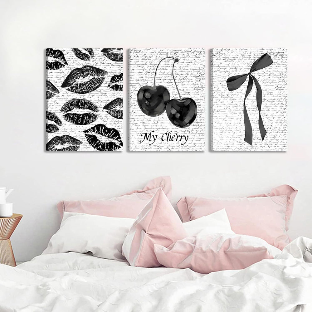 Black And White Canvas Wall Art Set of 3, Fashion Black White Lips And Cherry...