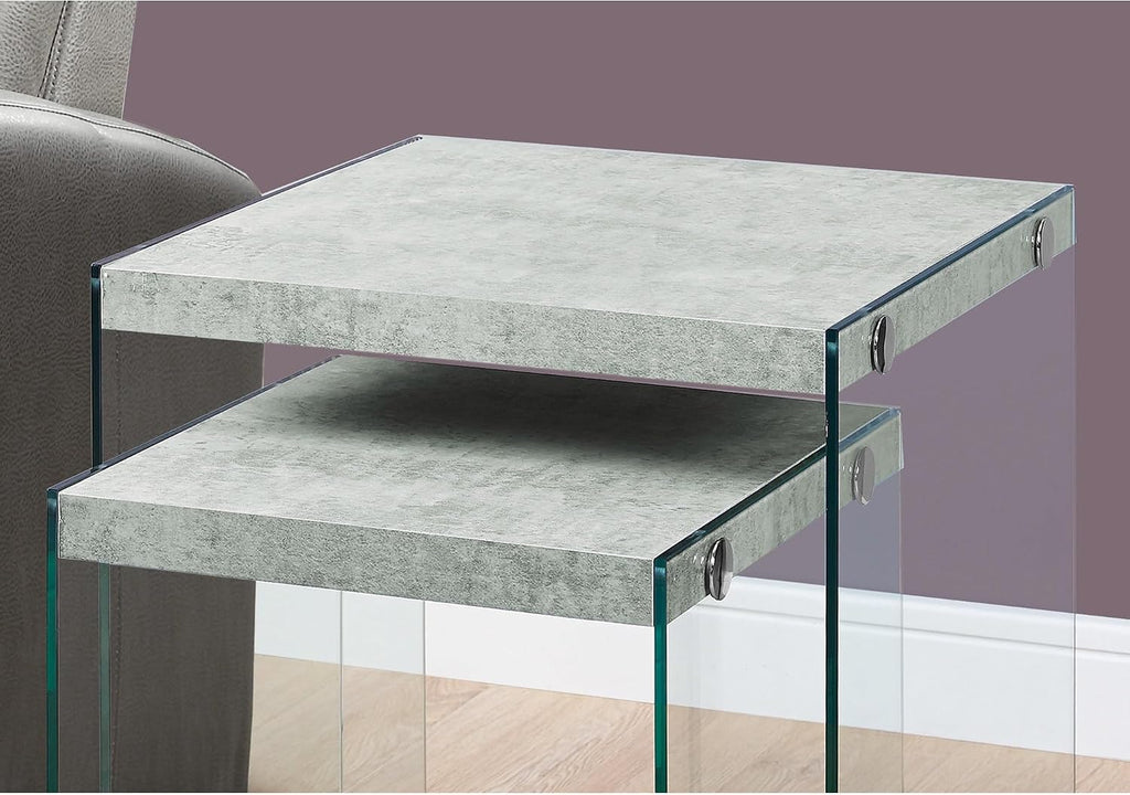 Monarch Specialties ,Nesting Table, Tempered Glass, Grey Cement