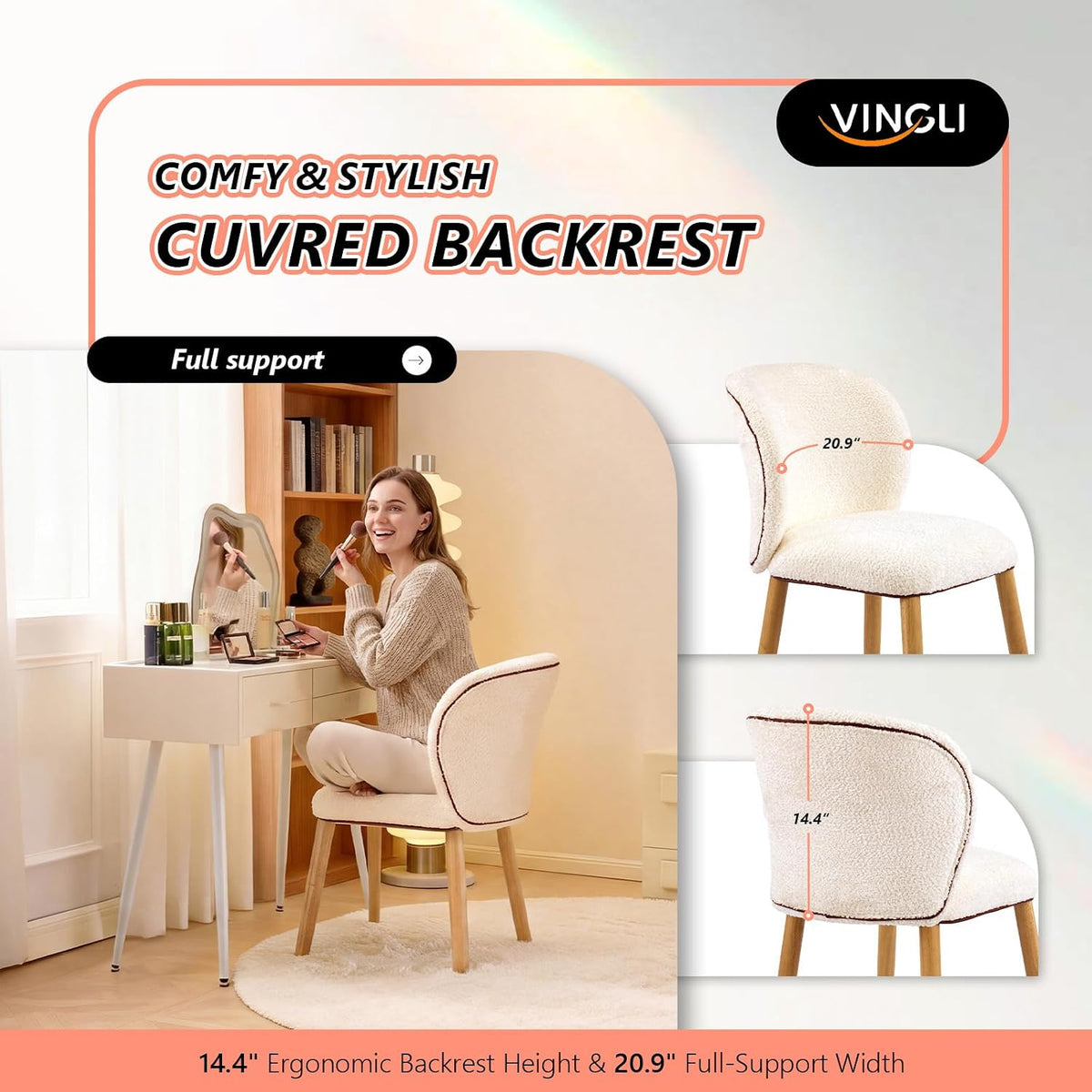 VINGLI Chenille Curved-Back Armless No Wheels Vanity Chair for Girls,Beige