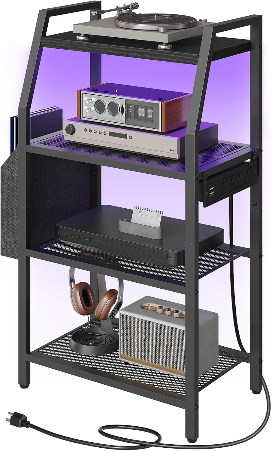 MAHANCRIS Game Console Shelf, Gaming Console Stand with Outlet & LED Lights